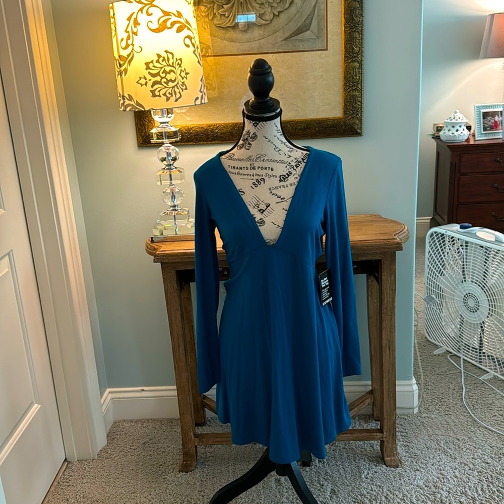 Express long sleeve turquoise v neck cotton dress